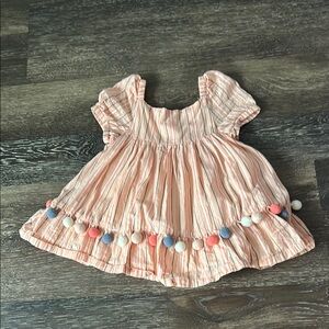 Striped Peach Dress with Pom Pom Trim